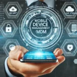 Hand holding a holographic MDM (Mobile Device Management) interface.