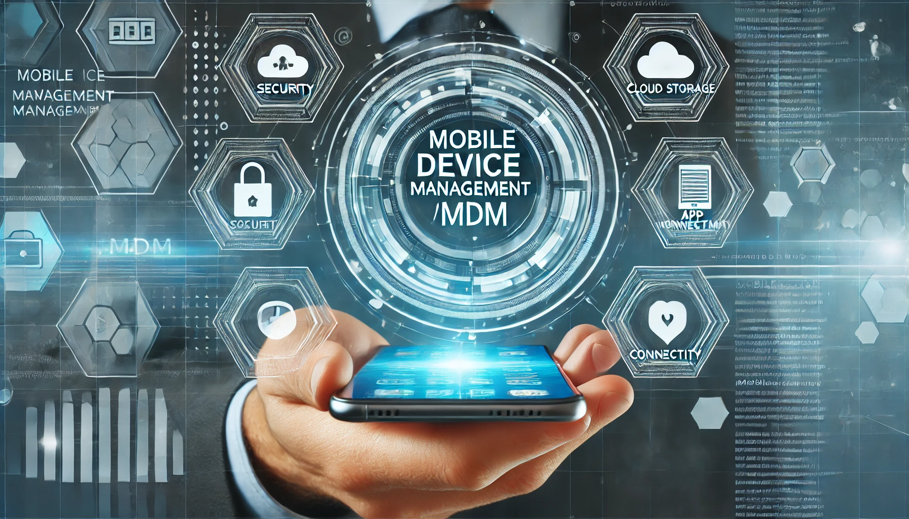 Hand holding a holographic MDM (Mobile Device Management) interface.