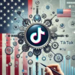 TikTok logo with USA flag and industrial gear symbols.