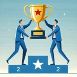 Two individuals in business attire holding a large trophy with a red star, symbolizing success and achievement