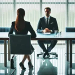 One-on-one job interview with a woman facing a single interviewer