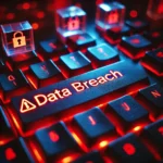 Glowing "DATA BREACH" warning on a backlit keyboard