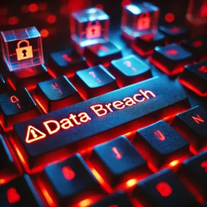 Glowing "DATA BREACH" warning on a backlit keyboard