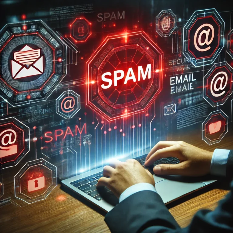 Cybersecurity-themed image with a red 'Spam' warning and email security icons on a digital interface