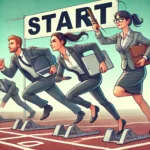 Business race cartoon with employees at the start line
