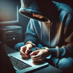 Hacker in a hoodie with handcuffs in front of a laptop