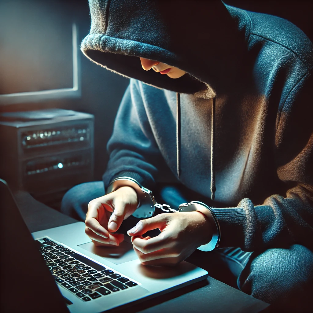 Hacker in a hoodie with handcuffs in front of a laptop