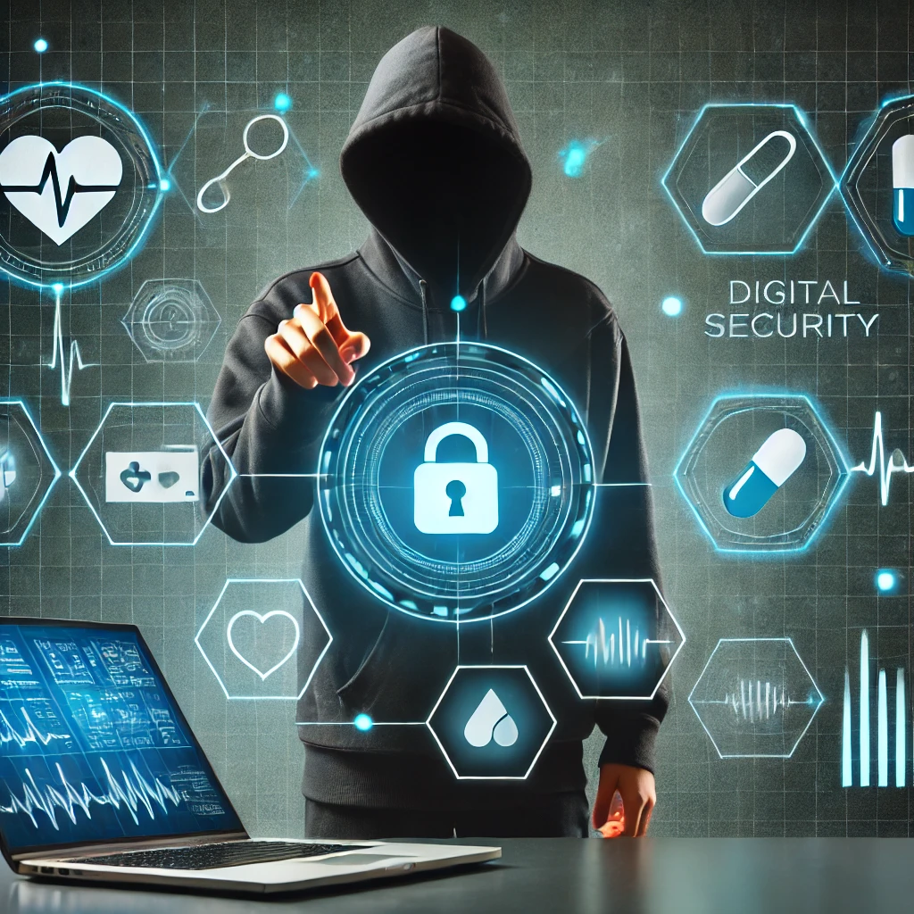 Hacker in a hoodie with medical cybersecurity icons and a laptop
