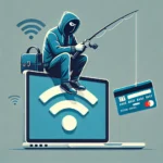 Hacker phishing a credit card from a laptop using a Wi-Fi symbol