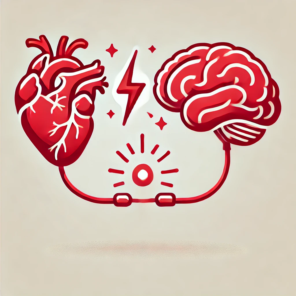 eart and brain connected by a red cable with an electric spark