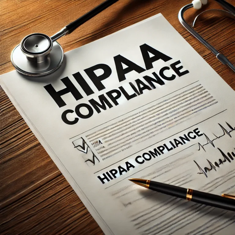 HIPAA Compliance document on a wooden desk with a stethoscope and pen