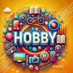 Bold "HOBBY" text surrounded by colorful hobby icons like a bike, book, camera, and game controller.