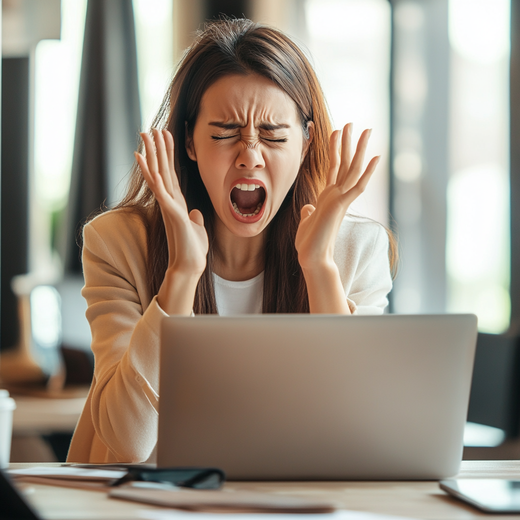 Frustrated recruiter yelling at a laptop in an office setting