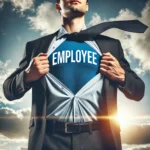 Man in suit revealing a shirt with "EMPLOYEE" written on it