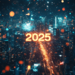 cityscape at night with bright neon '2025' glowing in the sky, surrounded by fireworks and digital light trails