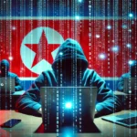 Hacker in a hoodie with North Korean flag and binary code background.