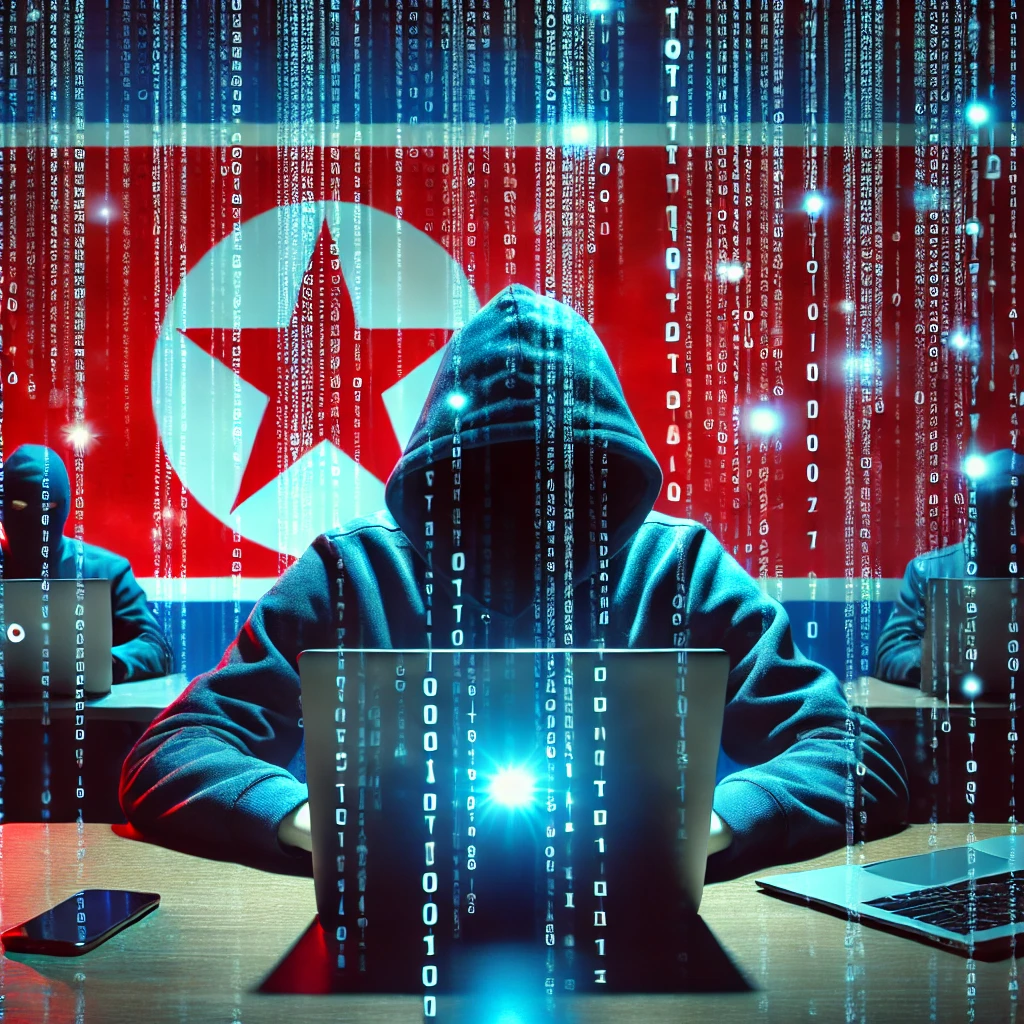 Hacker in a hoodie with North Korean flag and binary code background.