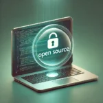 Open laptop displaying code with a glowing open padlock icon and the words Open Source above it