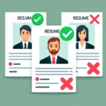 Three resumes with a green checkmark on the center one and red X marks on the others.