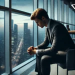 sad businessman sitting alone in a modern office, reflecting a somber mood.