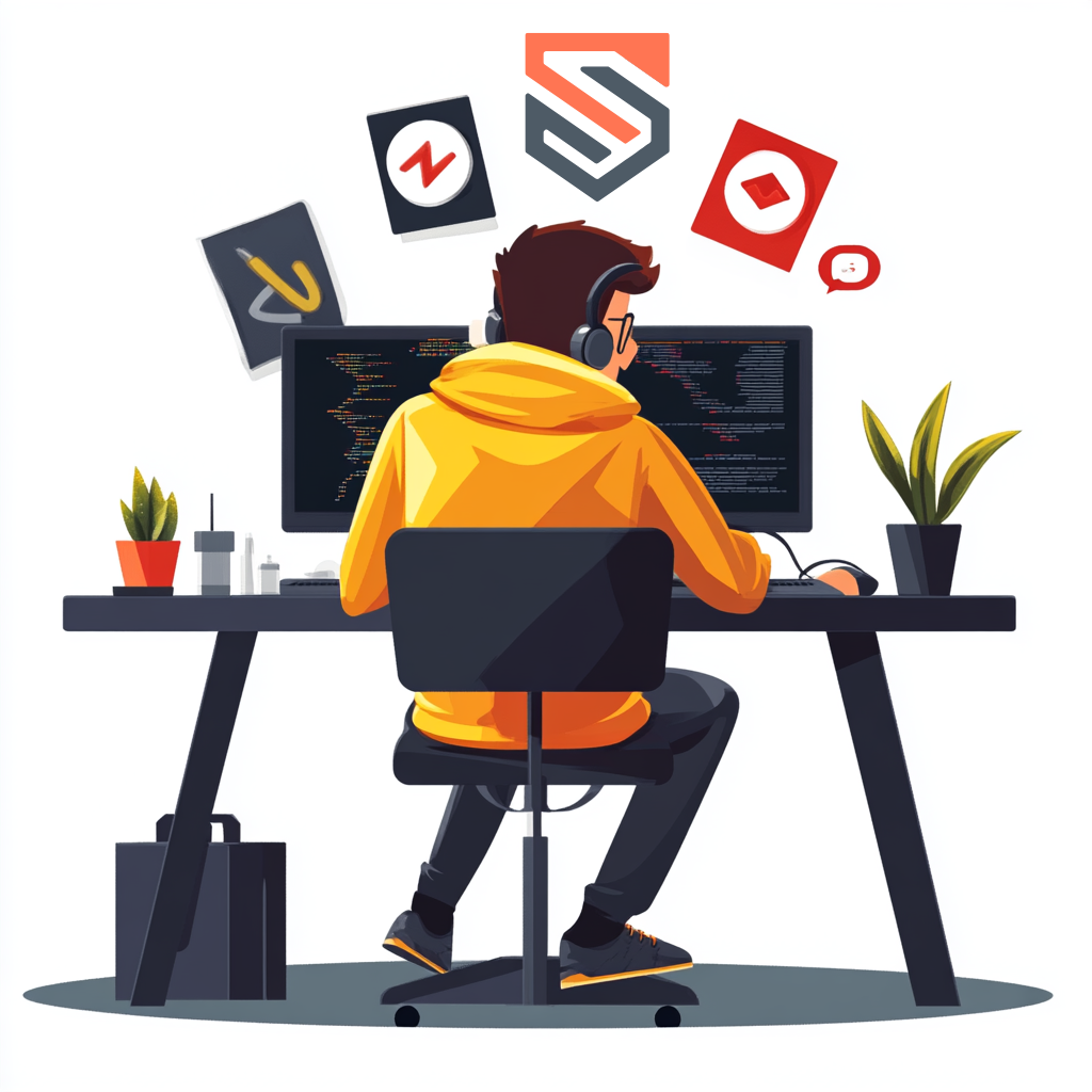 Person coding at a desk with dual monitors