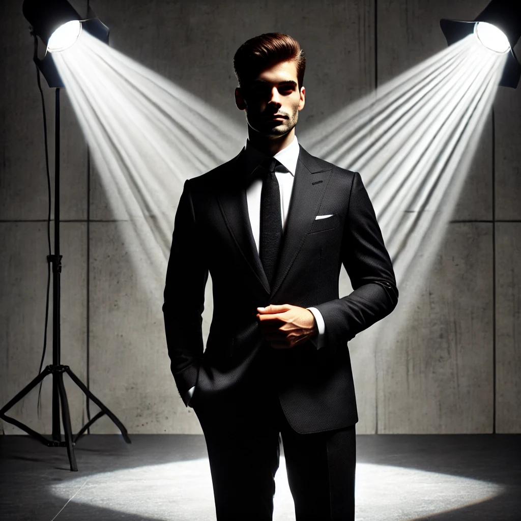 Man in a black suit standing confidently under a spotlight