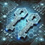 Two digital keys with circuit board patterns on a cyber-themed background