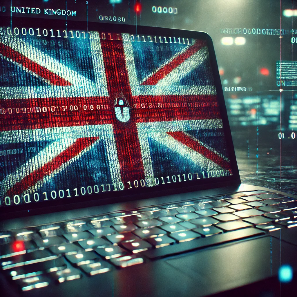 Laptop screen with UK flag and binary code overlay.