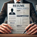 Person holding a professional resume with both hands, pen in one hand.