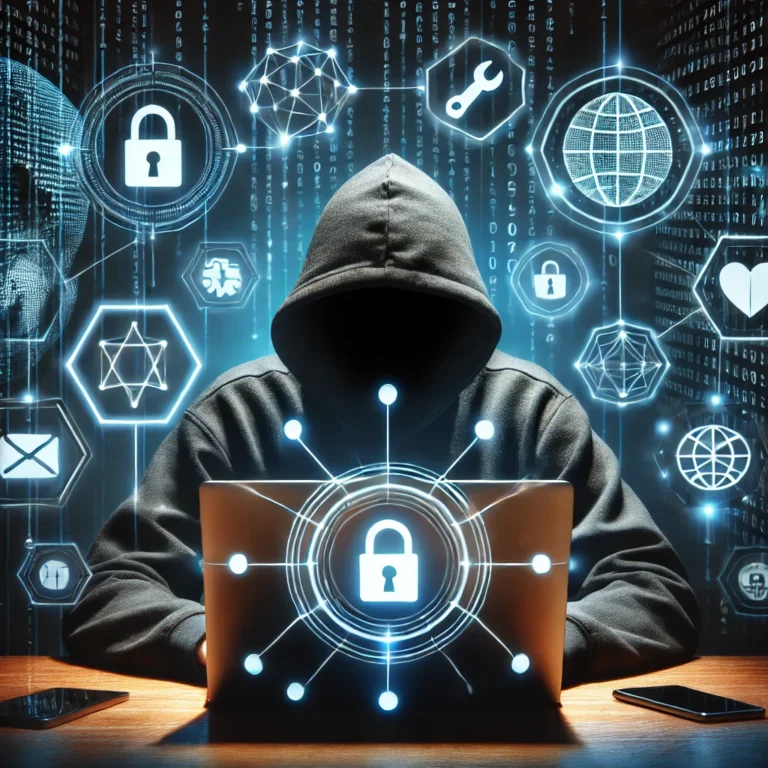 Hacker in a hoodie with cybersecurity icons around a laptop.