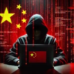 A mysterious hacker wearing a black hoodie sits in front of a laptop, surrounded by red digital code with the Chinese flag
