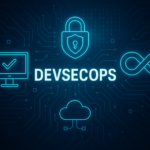 Futuristic DevSecOps pipeline with security shields and cloud icons