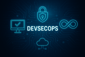 Futuristic DevSecOps pipeline with security shields and cloud icons