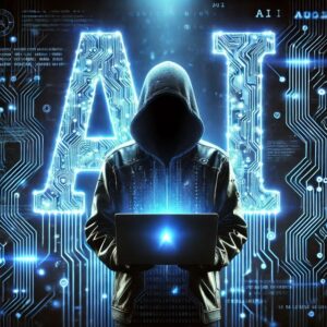 AI hacker figure symbolizing artificial intelligence security threats hooded silhouette with glowing circuitry and laptop in front of large illuminated ‘AI’ letters, representing the risks and protection challenges in AI cybersecurity