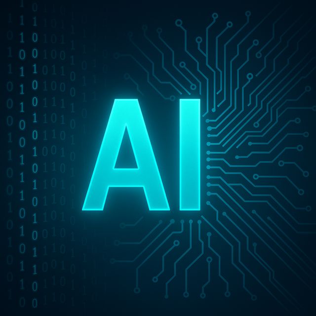 AI logo glowing with digital circuits and binary code background