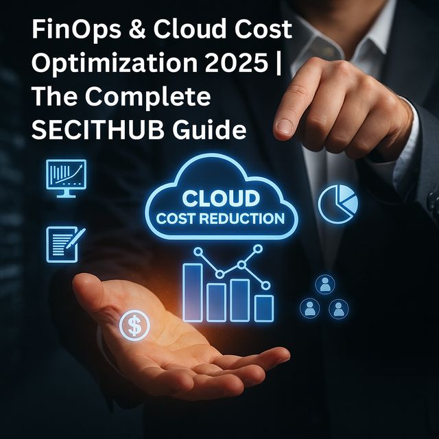 Cloud Cost Optimization 2025 SECITHUB Guide cover Hand presenting cloud cost reduction, FinOps icons, and data analytics charts, emphasizing financial operations and efficiency