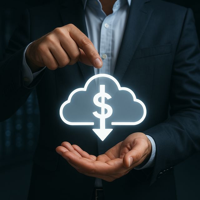 Cloud cost reduction concept business professional holding a glowing cloud icon with a dollar sign and downward arrow, symbolizing FinOps and cloud cost optimization in 2025