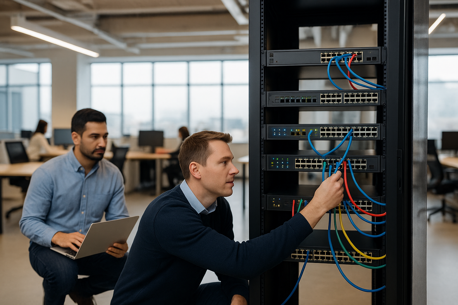 IT engineers connecting Ethernet cables to a network rack in a modern office illustrating structured cabling, server setup, and business network reliability.
