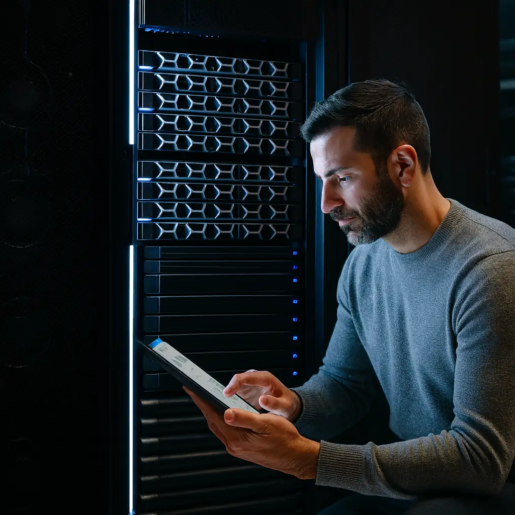 Smart office setup with IT professional inspecting network rack