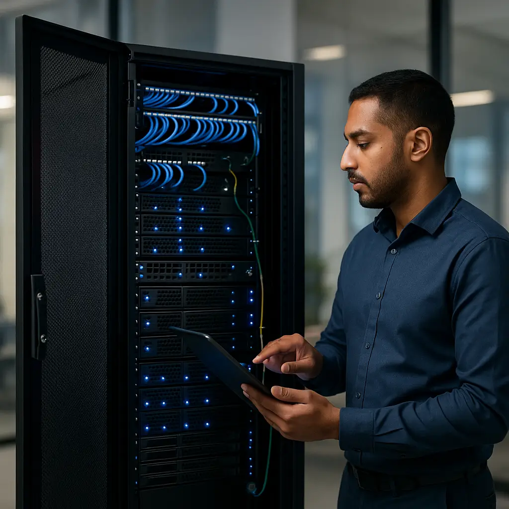 Cybersecurity expert analyzing data center equipment in modern workspace