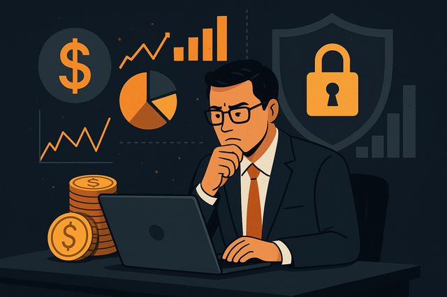 CISO analyzing cybersecurity budget on laptop with charts, coins, and lock symbol illustrating FinSecOps cost optimization and data-driven security spending in 2025