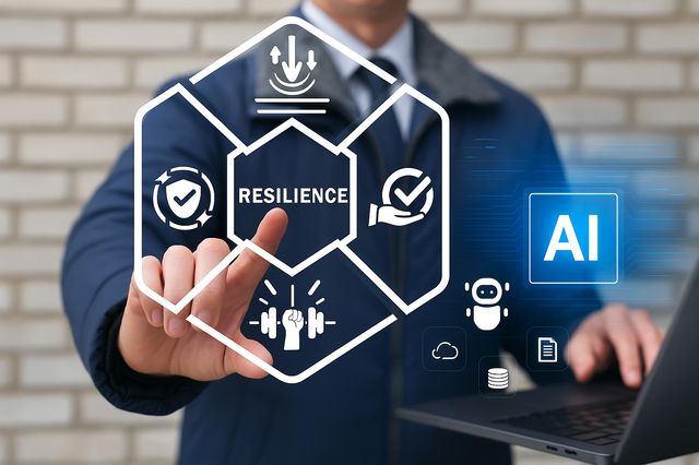 Business professional interacting with holographic AI and GRC interface representing governance, risk management, compliance, and resilience in 2025 futuristic visualization of AI-driven corporate governance systems.