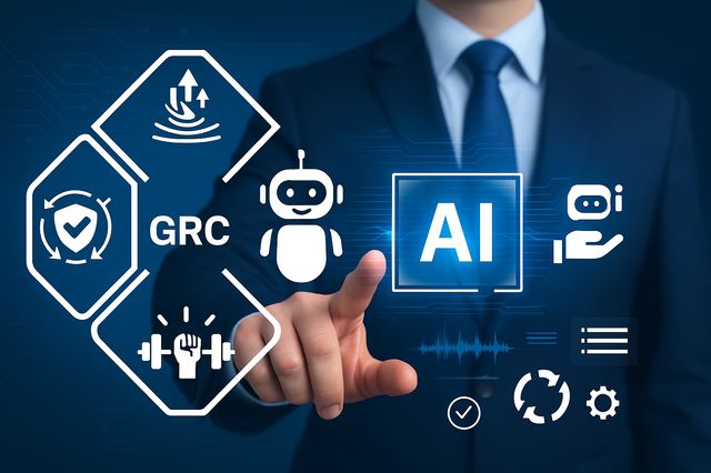 Illustration of AI collaboration in governance, risk, and compliance robot supporting teamwork between professionals connecting puzzle pieces with icons for data protection, analytics, and balanced decision-making.