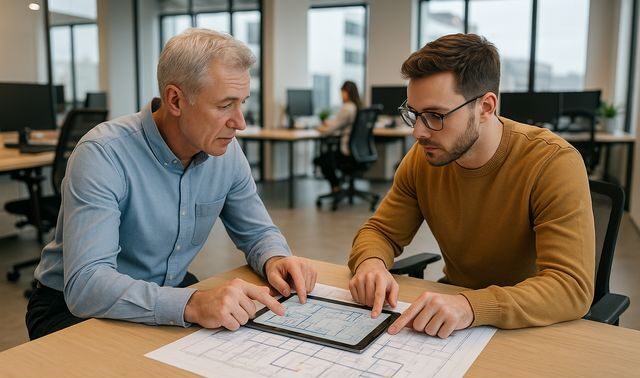 IT managers planning network points on digital blueprints — illustrating office infrastructure design, structured cabling, and network layout strategy.