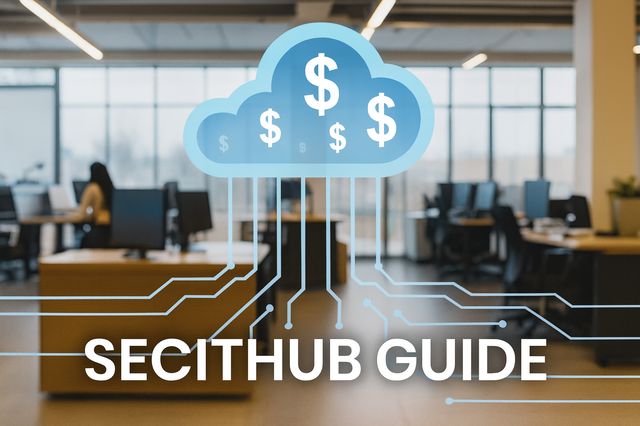 SECITHUB Guide Cloud cost optimization with money symbols in a cloud over a modern office, symbolizing FinOps and cloud cost reduction strategies for 2025