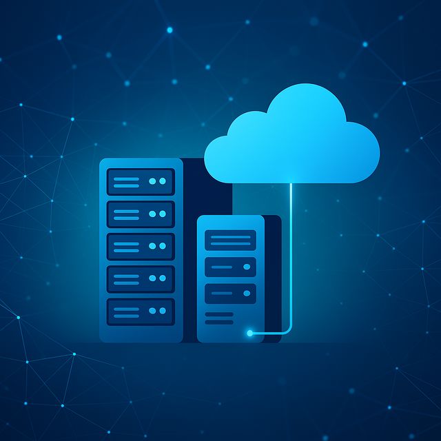 Hybrid cloud and on-premises server infrastructure illustration showing data flow between local servers and cloud environment from the SECITHUB guide 2025.