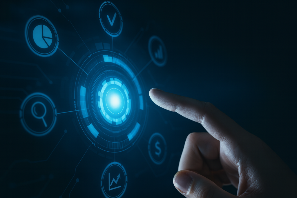 futuristic digital interface with glowing blue circular dashboard and human hand interacting with data visualization icons representing analytics and technology innovation.
