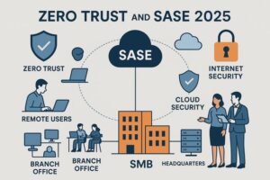 Illustration of Zero Trust and SASE 2025 showing secure cloud network connecting SMB headquarters, remote users, and branch offices representing integrated internet, cloud, and zero-trust security architecture