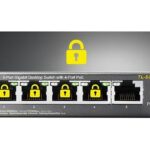 Switch with a yellow cybersecurity padlock icon on top, symbolizing secure network protection and data safety UNMANAGE SWITCH