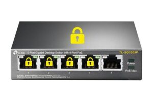 Switch with a yellow cybersecurity padlock icon on top, symbolizing secure network protection and data safety UNMANAGE SWITCH